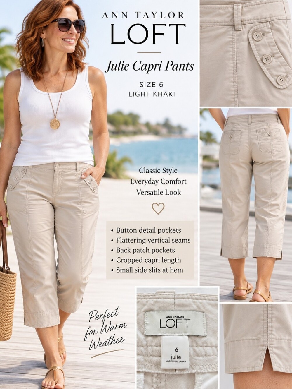 Ann Taylor LOFT Julie Buttons Detail Capri Pants Size 6 Light Khaki